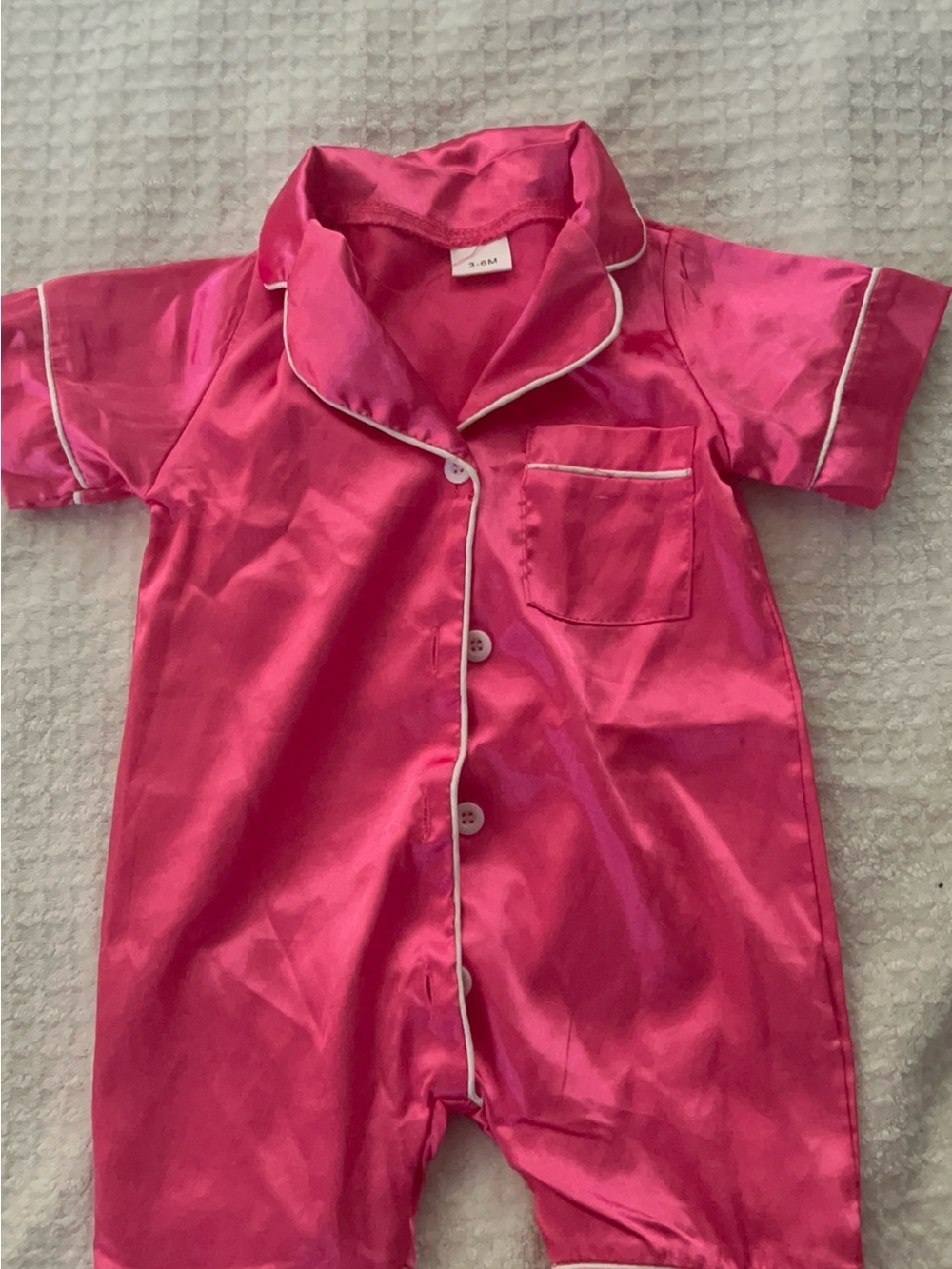SHEIN Hot Pink Satin Short-Sleeve Pajama Romper with White Piping